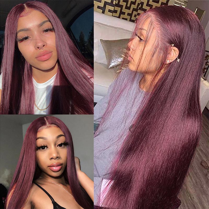 Burgundy Lace Front Human Hair Wigs 99J Brazilian Remy Hair Shining Straight Human Hair Wig  Pre-Plucked and Dyeable - promboutiqueonline