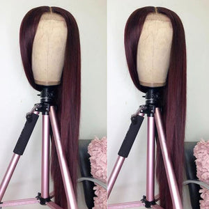 Burgundy Lace Front Human Hair Wigs 99J Brazilian Remy Hair Shining Straight Human Hair Wig  Pre-Plucked and Dyeable