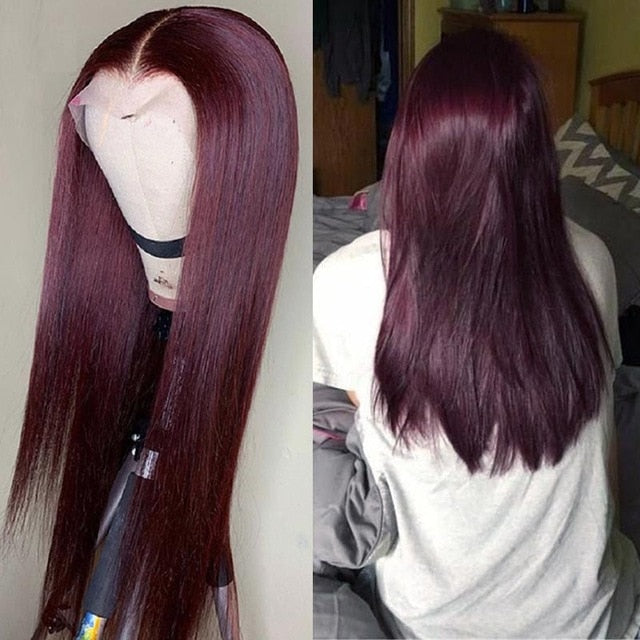 Burgundy Lace Front Human Hair Wigs 99J Brazilian Remy Hair Shining Straight Human Hair Wig  Pre-Plucked and Dyeable - promboutiqueonline