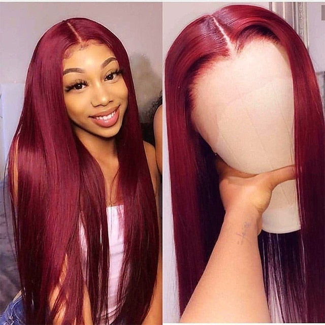 Burgundy Lace Front Human Hair Wigs 99J Brazilian Remy Hair Shining Straight Human Hair Wig  Pre-Plucked and Dyeable - promboutiqueonline