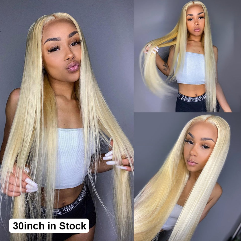 Blonde Lace Front Human Hair Wigs For Women Transparent Lace Frontal Long Straight Human Hair Wig with Baby Hair - promboutiqueonline