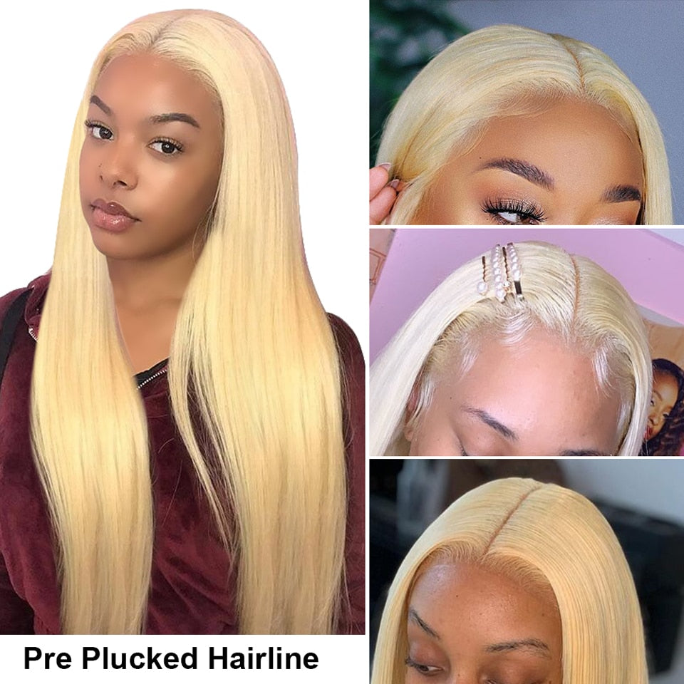 Blonde Lace Front Human Hair Wigs For Women Transparent Lace Frontal Long Straight Human Hair Wig with Baby Hair - promboutiqueonline