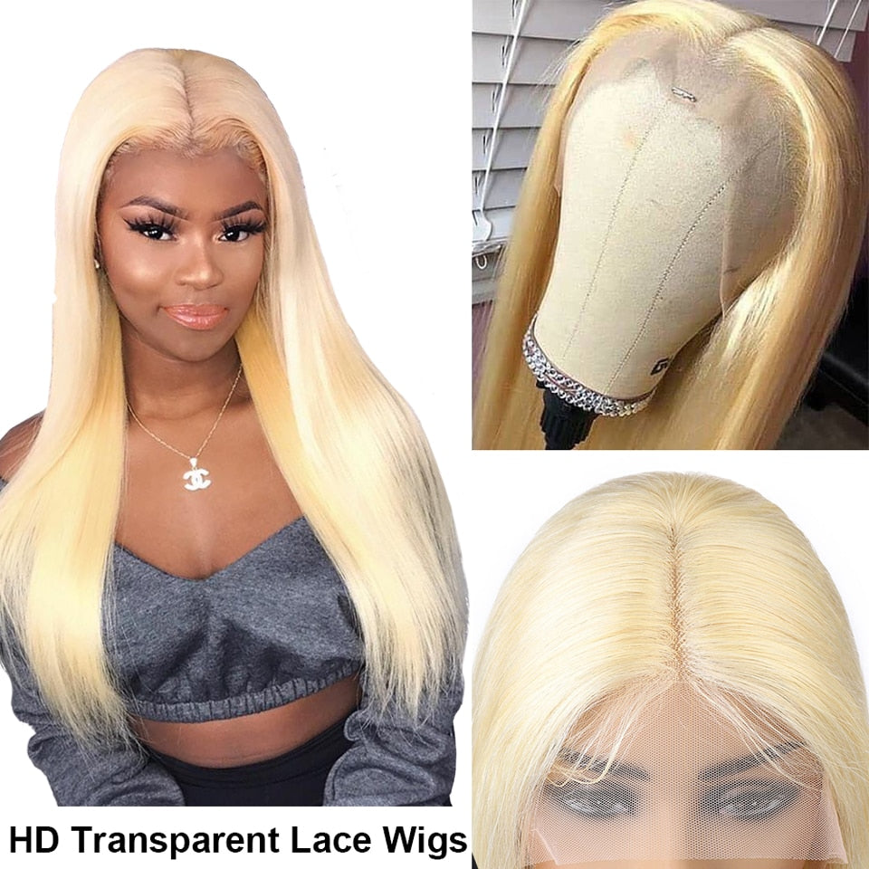 Blonde Lace Front Human Hair Wigs For Women Transparent Lace Frontal Long Straight Human Hair Wig with Baby Hair - promboutiqueonline