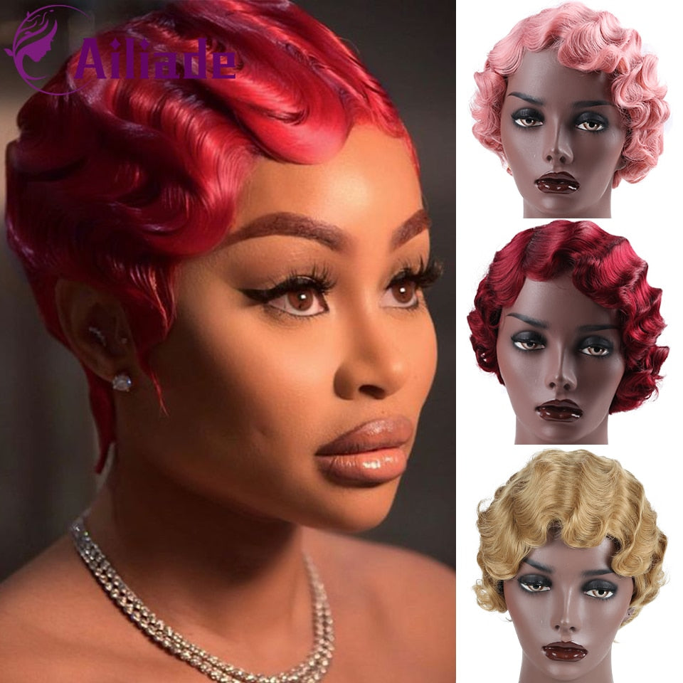 Colored Vintage Short Finger Wave Synthetic Wig Afro Kinky Curly Wigs for Woman - promboutiqueonline