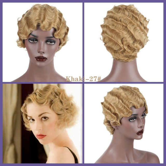 Colored Vintage Short Finger Wave Synthetic Wig Afro Kinky Curly Wigs for Woman - promboutiqueonline