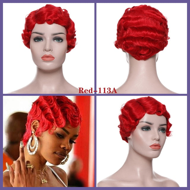 Colored Vintage Short Finger Wave Synthetic Wig Afro Kinky Curly Wigs for Woman - promboutiqueonline