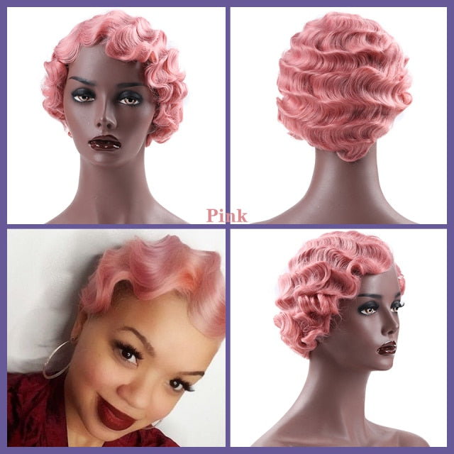 Colored Vintage Short Finger Wave Synthetic Wig Afro Kinky Curly Wigs for Woman - promboutiqueonline