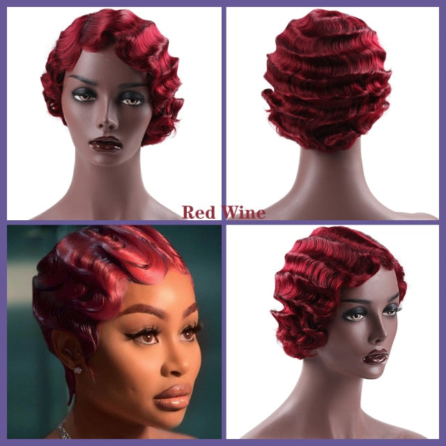 Colored Vintage Short Finger Wave Synthetic Wig Afro Kinky Curly Wigs for Woman - promboutiqueonline