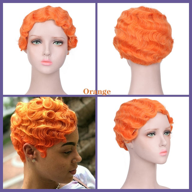 Colored Vintage Short Finger Wave Synthetic Wig Afro Kinky Curly Wigs for Woman - promboutiqueonline