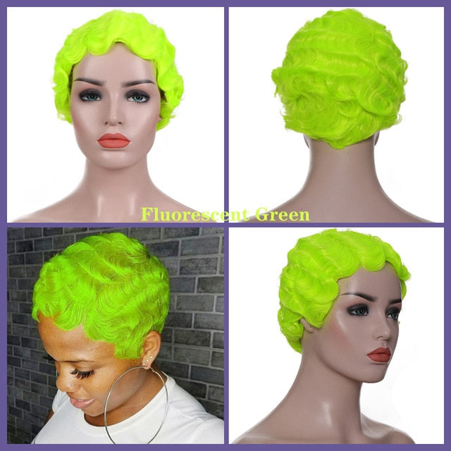 Colored Vintage Short Finger Wave Synthetic Wig Afro Kinky Curly Wigs for Woman - promboutiqueonline