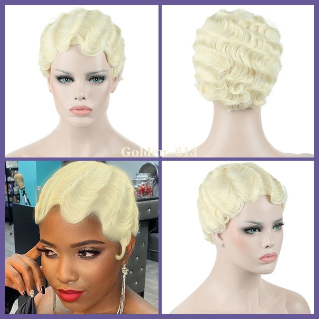 Colored Vintage Short Finger Wave Synthetic Wig Afro Kinky Curly Wigs for Woman - promboutiqueonline