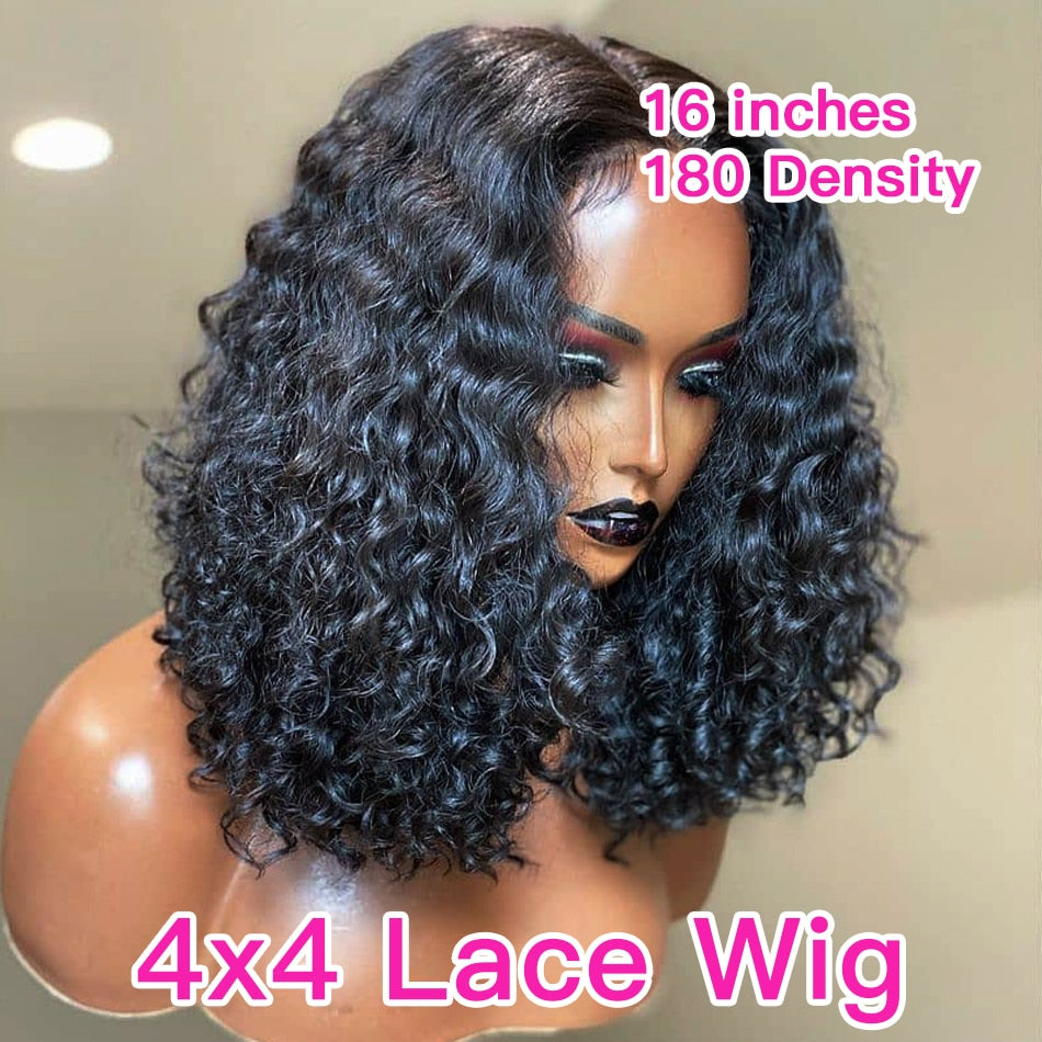 Black Curly Medium Length Lace Front Wigs Short Human Hair Bob Wigs With Baby Hair - promboutiqueonline