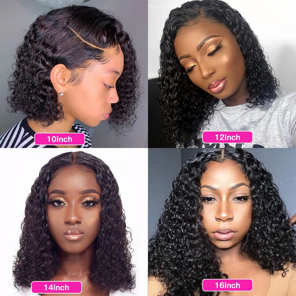 Black Curly Medium Length Lace Front Wigs Short Human Hair Bob Wigs With Baby Hair - promboutiqueonline