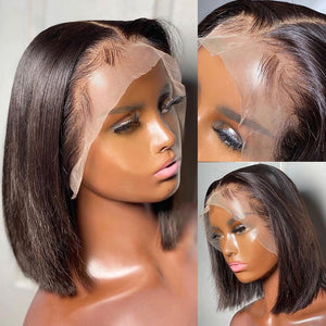 Brazilian Human Hair Pre Plucked Short Bob Side Part Natural Black No Lace  Wigs