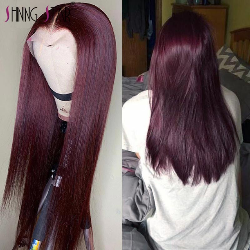 Burgundy Lace Front Human Hair Wigs 99J Brazilian Remy Hair Shining Straight Human Hair Wig  Pre-Plucked and Dyeable - promboutiqueonline