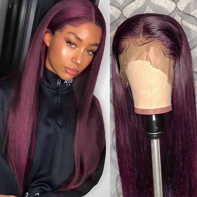 Burgundy Lace Front Human Hair Wigs 99J Brazilian Remy Hair Shining Straight Human Hair Wig  Pre-Plucked and Dyeable - promboutiqueonline