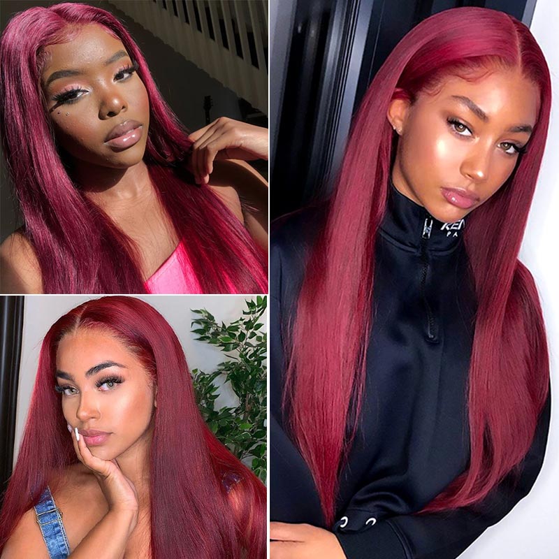 Burgundy Lace Front Human Hair Wigs 99J Brazilian Remy Hair Shining Straight Human Hair Wig  Pre-Plucked and Dyeable - promboutiqueonline