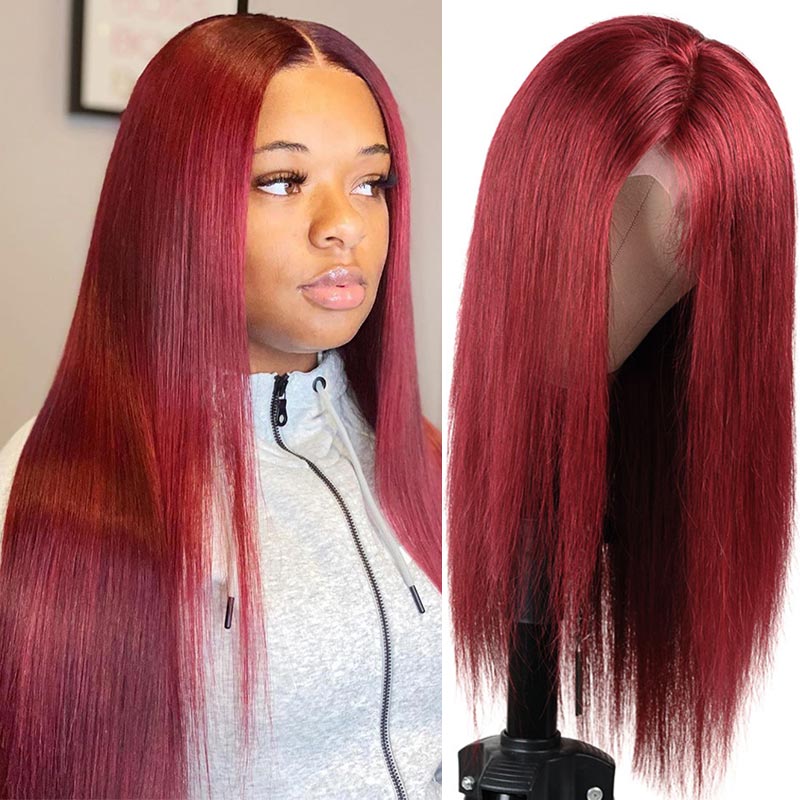 Burgundy Lace Front Human Hair Wigs 99J Brazilian Remy Hair Shining Straight Human Hair Wig  Pre-Plucked and Dyeable - promboutiqueonline