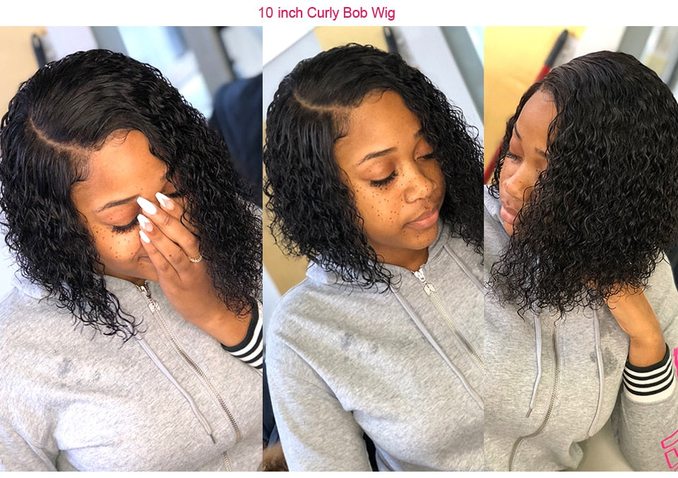 Short Curly Bob Human Hair Wigs Lace Closure Free Parting Wigs for Women with Baby Hair - promboutiqueonline