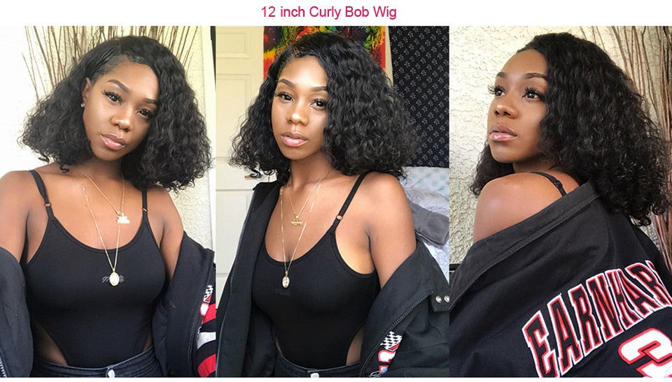 Short Curly Bob Human Hair Wigs Lace Closure Free Parting Wigs for Women with Baby Hair - promboutiqueonline