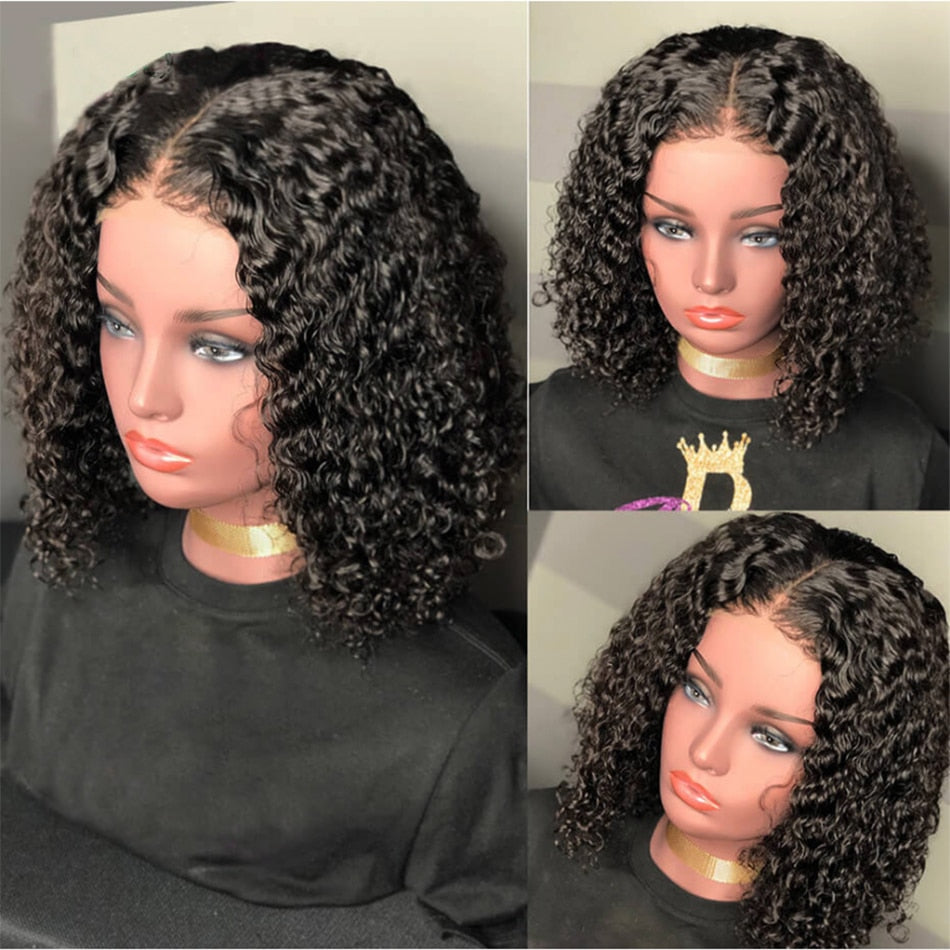 Short Curly Bob Human Hair Wigs Lace Closure Free Parting Wigs for Women with Baby Hair - promboutiqueonline