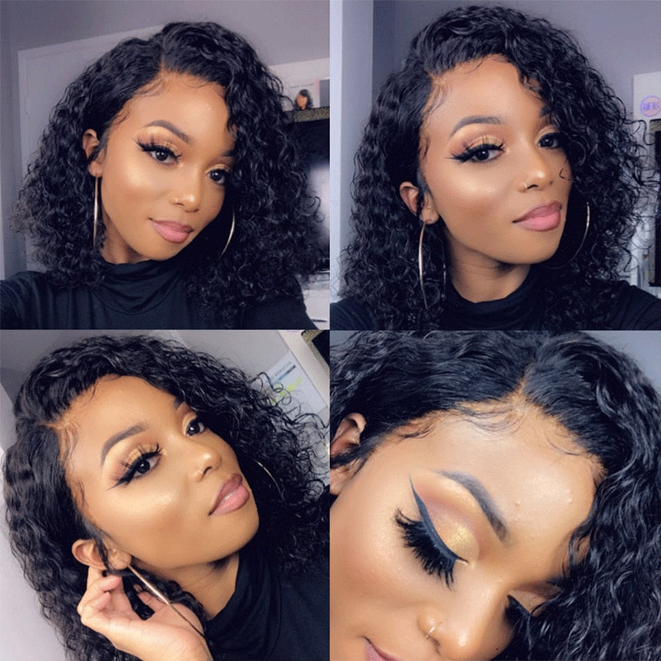 Short Curly Bob Human Hair Wigs Lace Closure Free Parting Wigs for Women with Baby Hair - promboutiqueonline