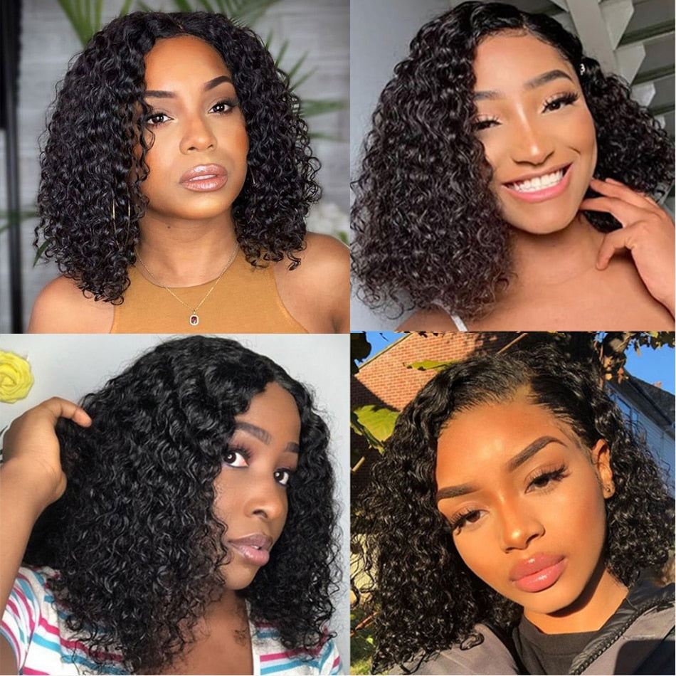 Short Curly Bob Human Hair Wigs Lace Closure Free Parting Wigs for Women with Baby Hair - promboutiqueonline