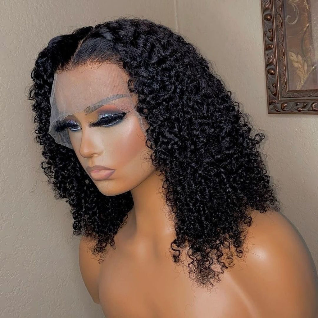 Black Curly Medium Length Lace Front Wigs Short Human Hair Bob Wigs With Baby Hair - promboutiqueonline