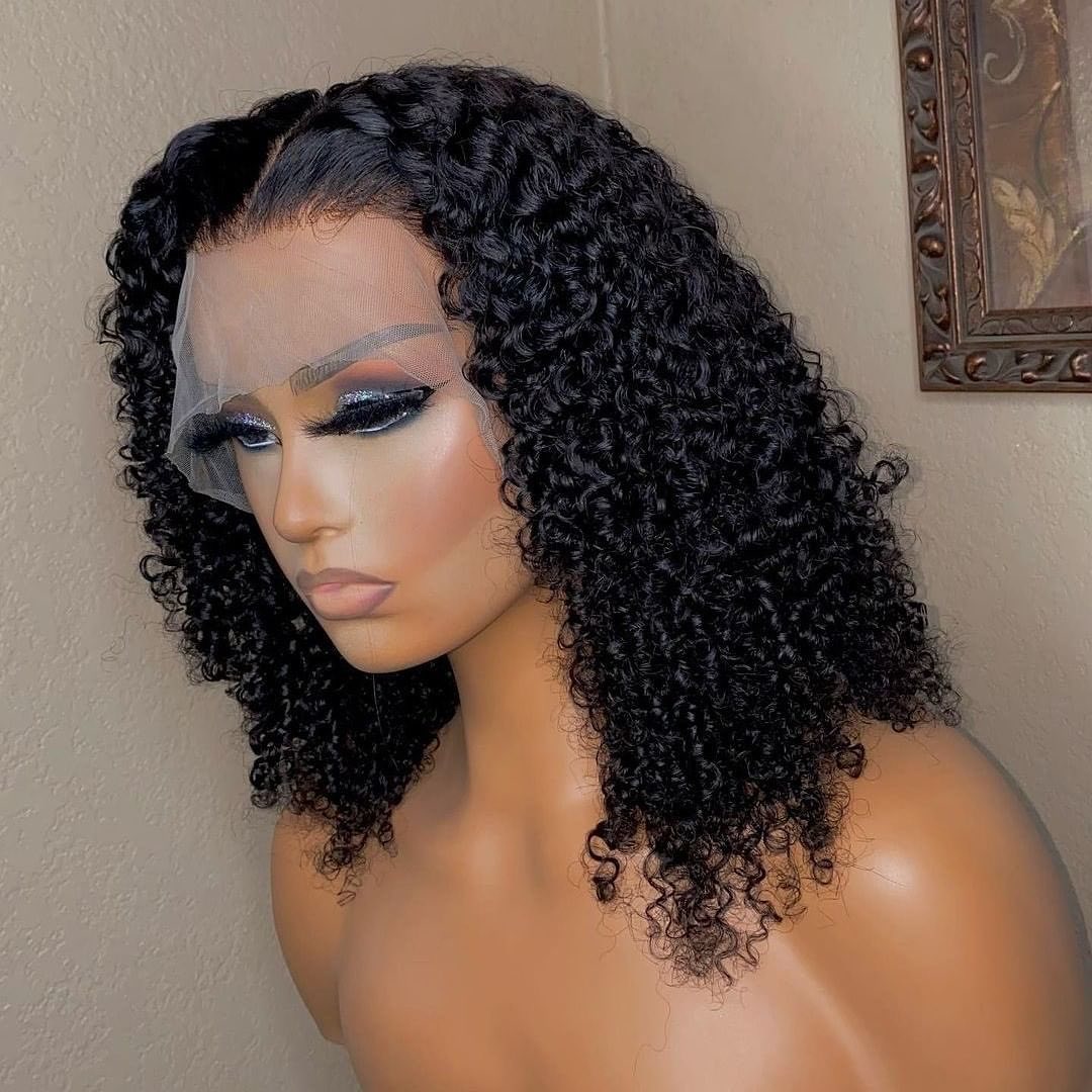 Black Curly Medium Length Lace Front Wigs Short Human Hair Bob Wigs With Baby Hair - promboutiqueonline