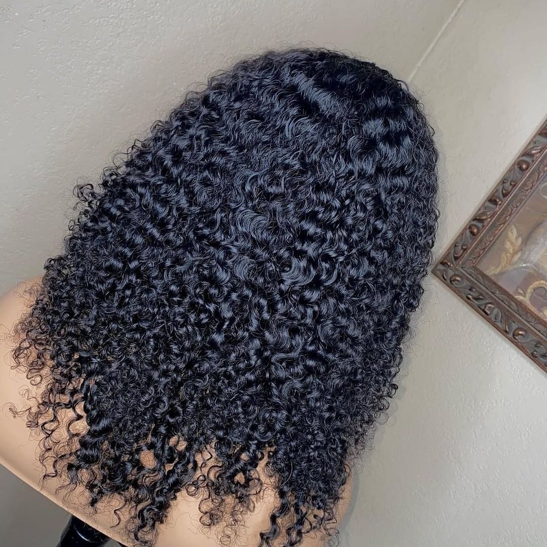 Black Curly Medium Length Lace Front Wigs Short Human Hair Bob Wigs With Baby Hair - promboutiqueonline