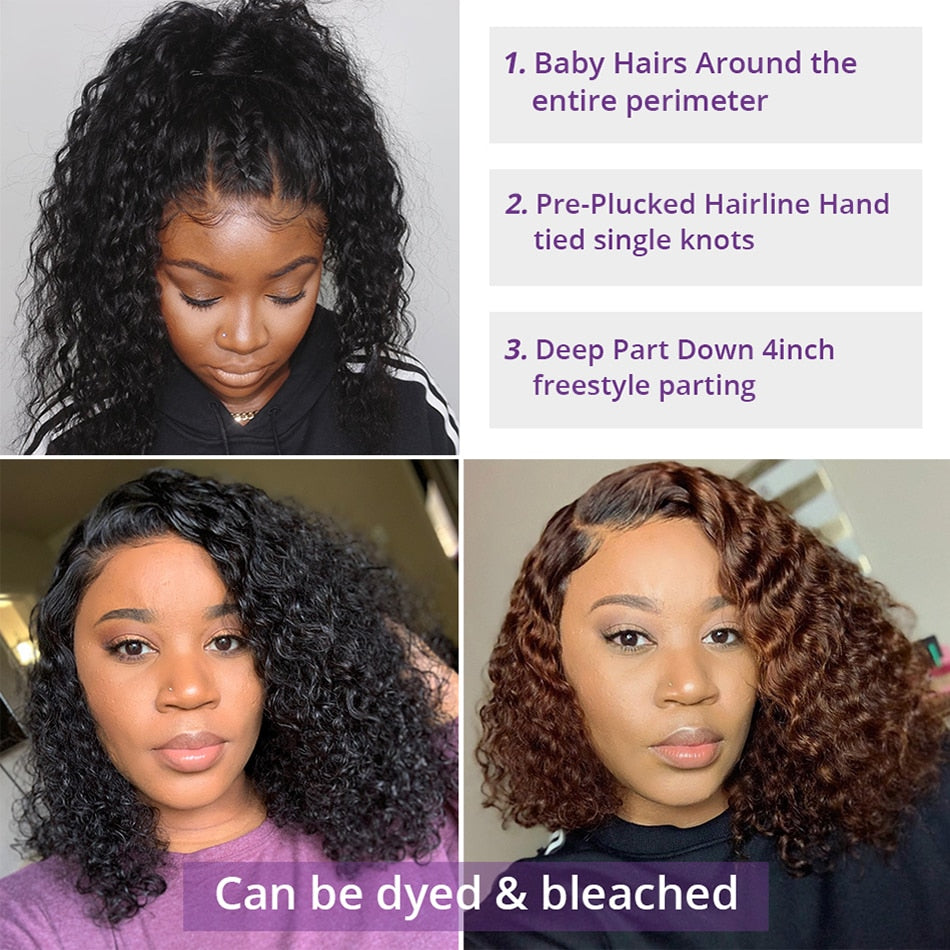 Short Curly Bob Human Hair Wigs Lace Closure Free Parting Wigs for Women with Baby Hair - promboutiqueonline