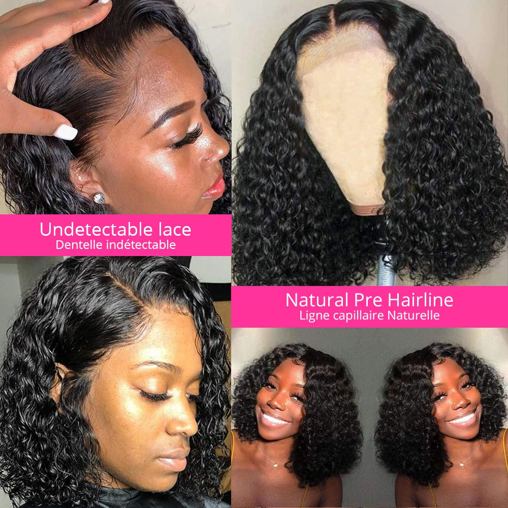 Short Curly Bob Human Hair Wigs Lace Closure Free Parting Wigs for Women with Baby Hair - promboutiqueonline