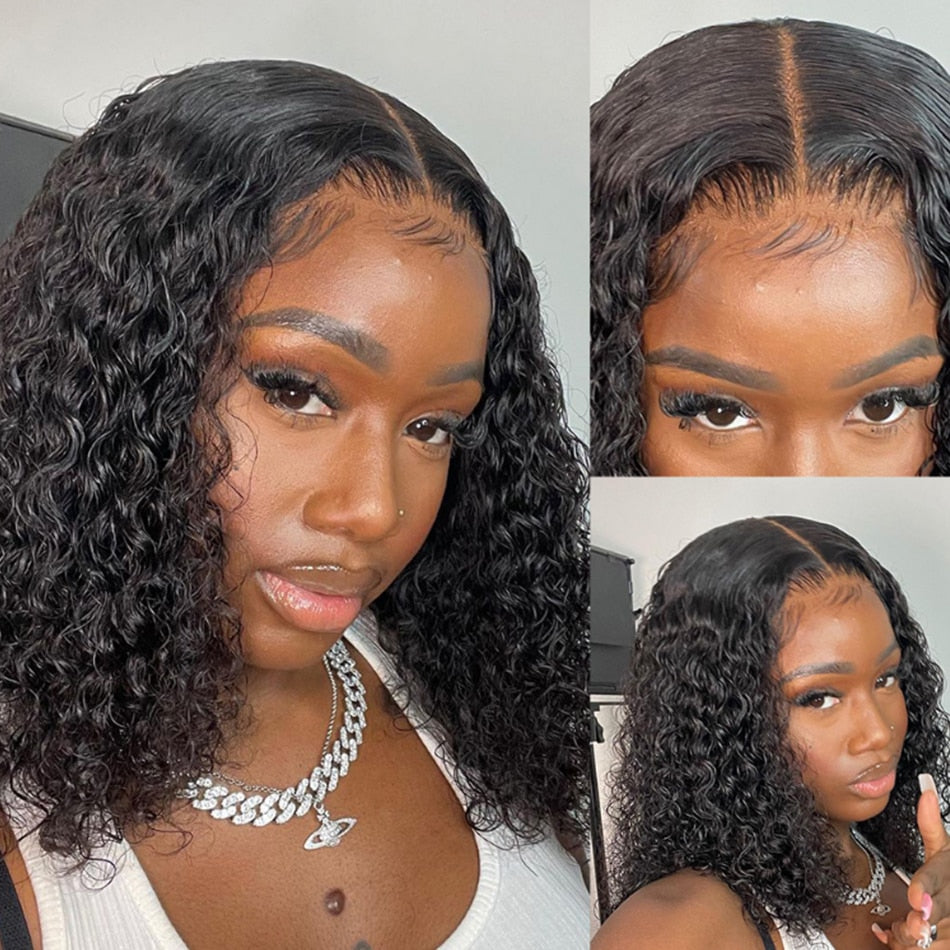 Short Curly Bob Human Hair Wigs Lace Closure Free Parting Wigs for Women with Baby Hair - promboutiqueonline