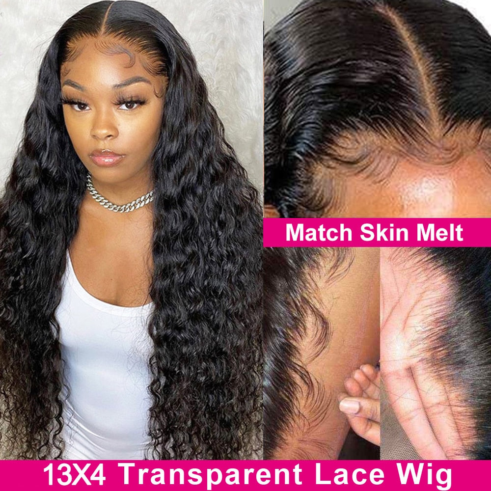 Deep Wave Lace Front Human Hair Wigs with Transparent French Lace Long Curly Lace Wigs with Baby Hair - promboutiqueonline