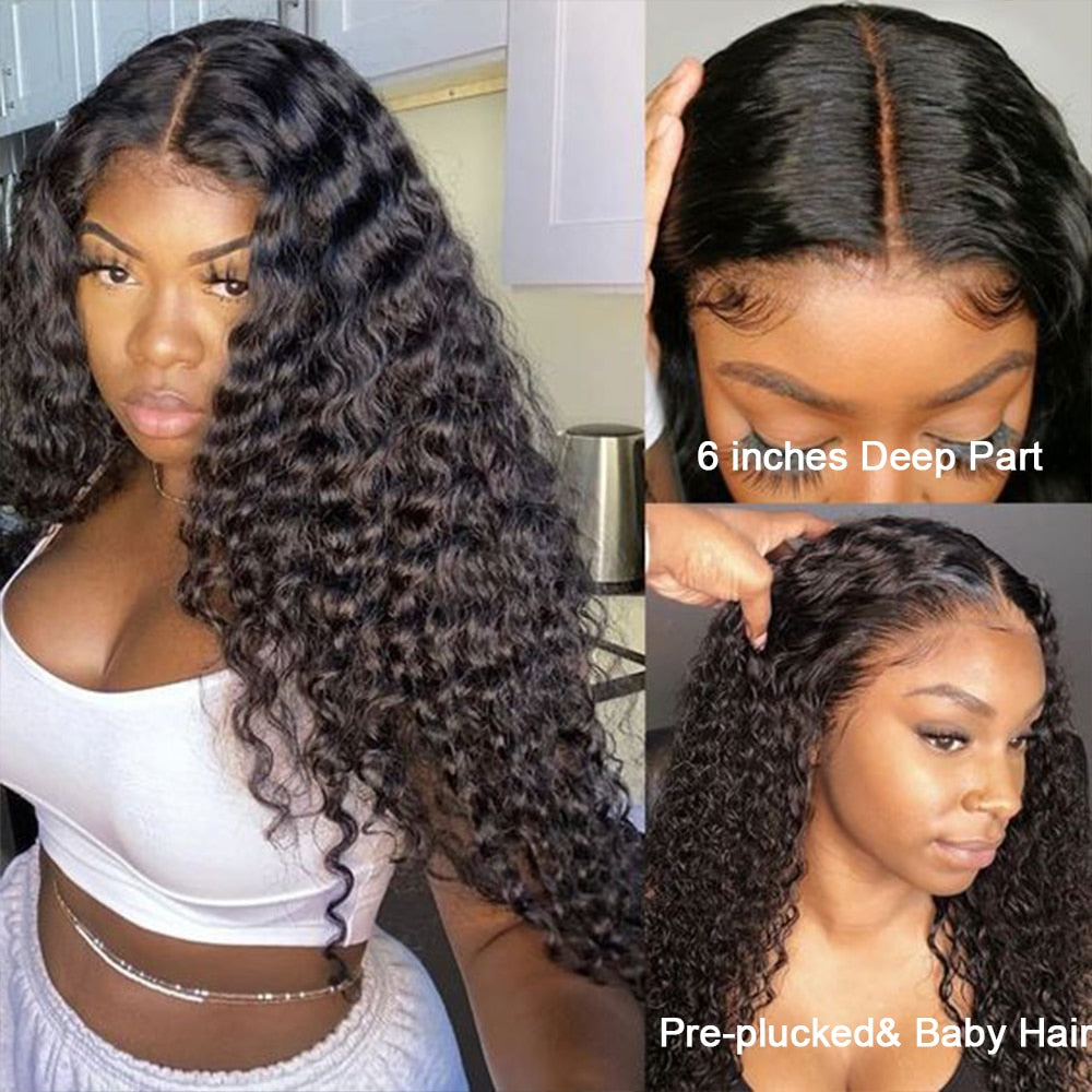 Deep Wave Lace Front Human Hair Wigs with Transparent French Lace Long Curly Lace Wigs with Baby Hair - promboutiqueonline