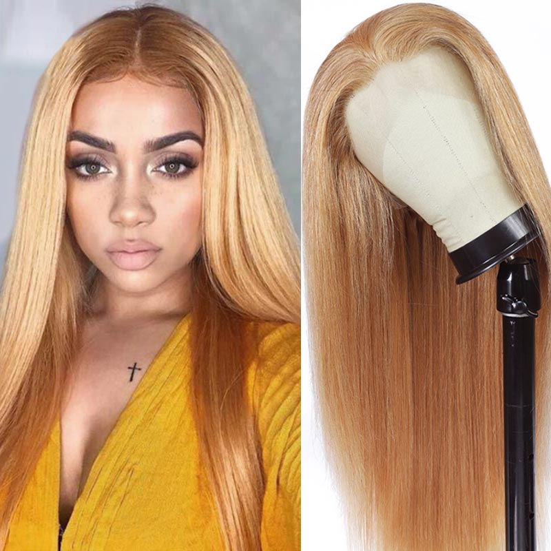 Honey Blonde Straight lace front Remy Human Hair Wig For Women with Transparent Lace - promboutiqueonline