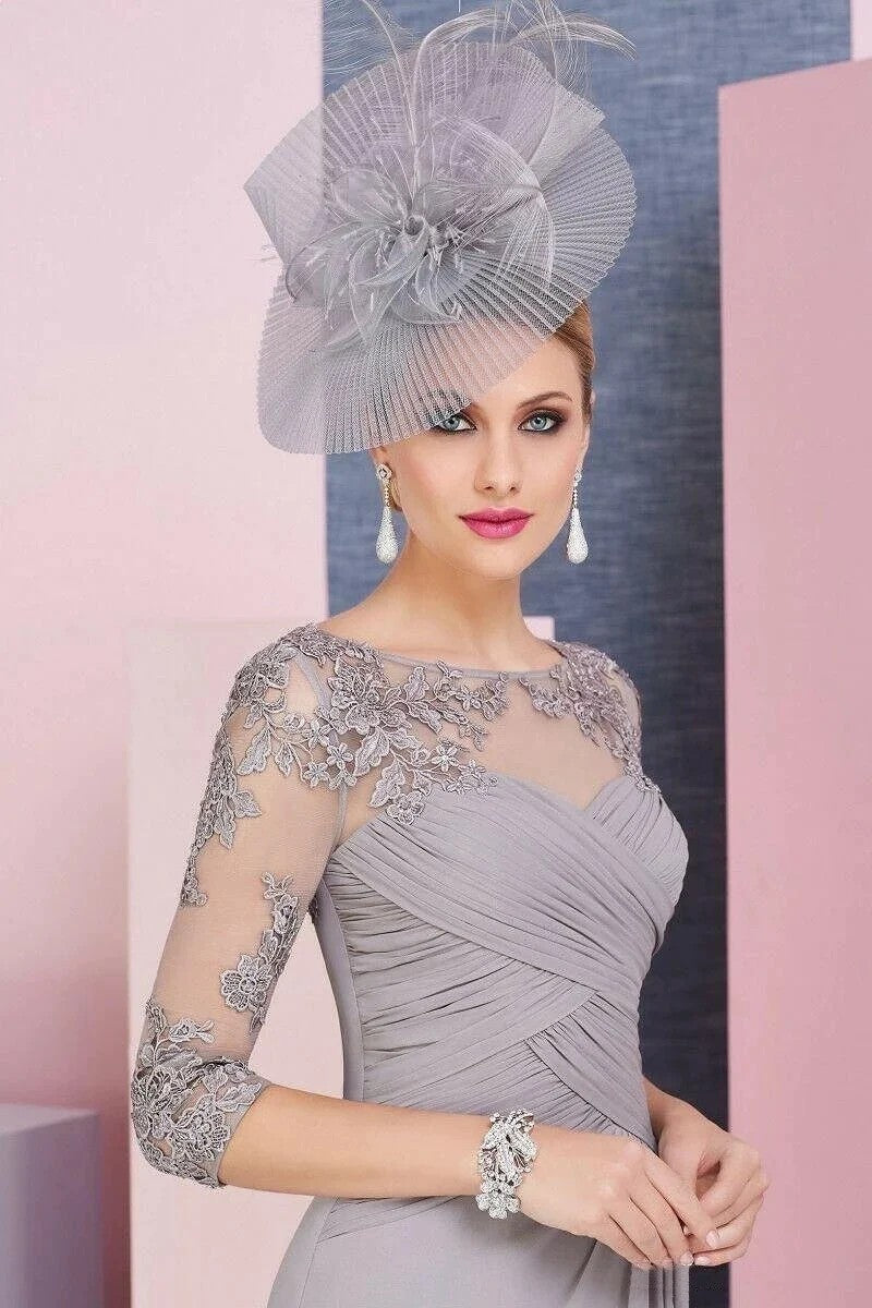 2PCS Shawl Sheath Short Mother of the Bride Dresses Appliqued Lace Pleated Gown with Cape - promboutiqueonline