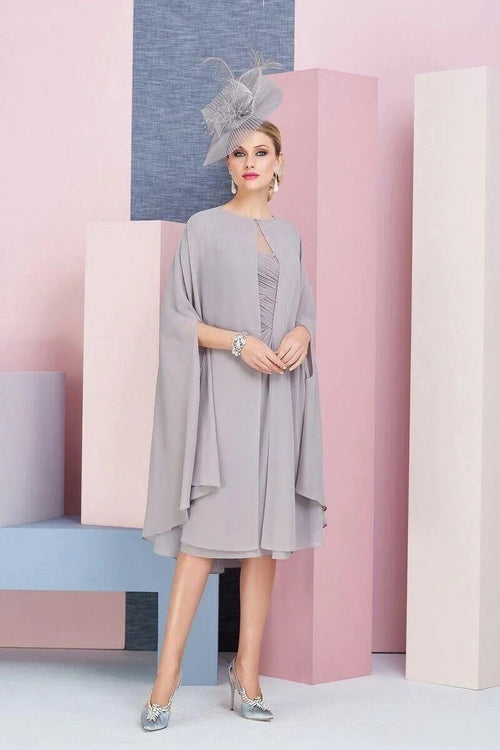 2PCS Shawl Sheath Short Mother of the Bride Dresses Appliqued Lace Pleated Gown with Cape - promboutiqueonline