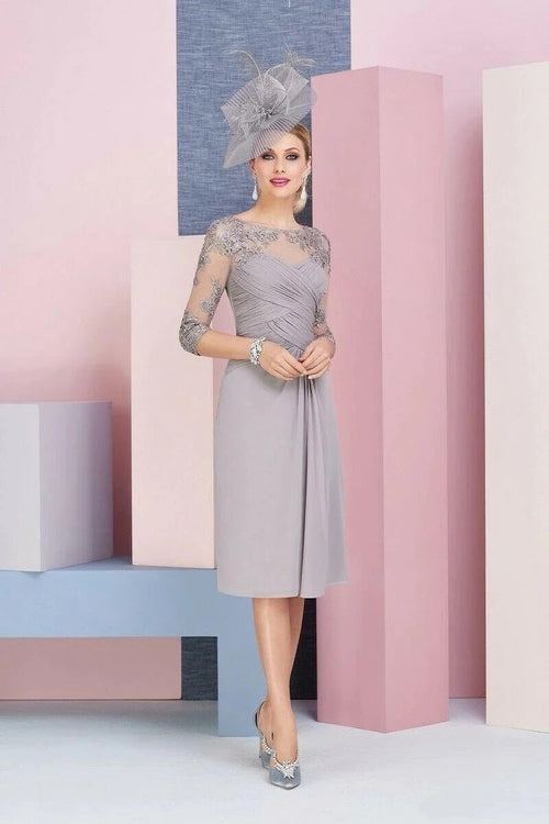 2PCS Shawl Sheath Short Mother of the Bride Dresses Appliqued Lace Pleated Gown with Cape - promboutiqueonline