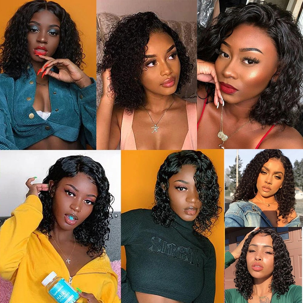 Black Curly Medium Length Lace Front Wigs Short Human Hair Bob Wigs With Baby Hair - promboutiqueonline