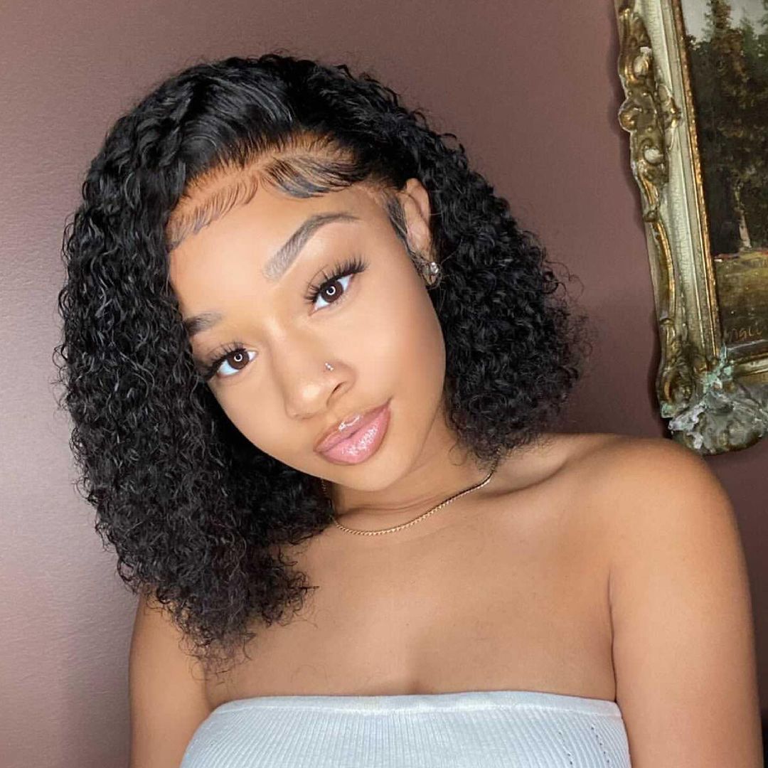 Black Curly Medium Length Lace Front Wigs Short Human Hair Bob Wigs With Baby Hair - promboutiqueonline