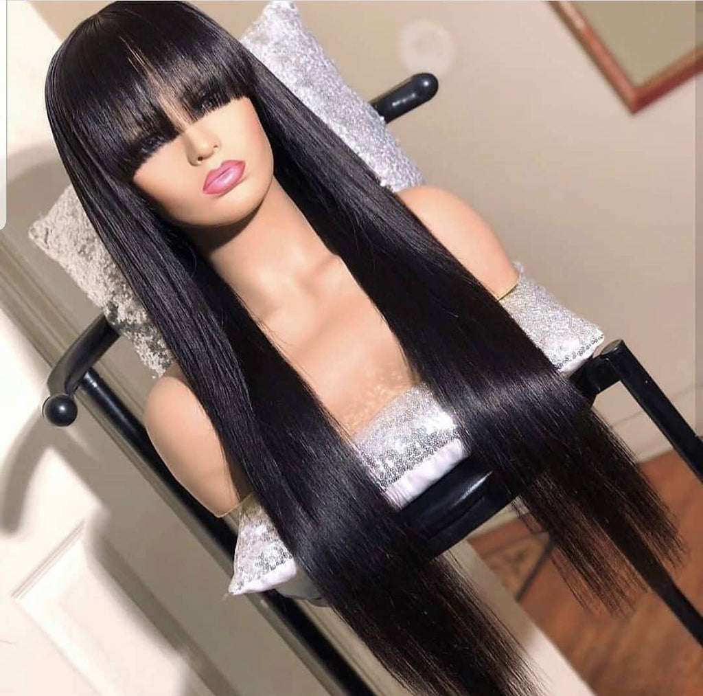 100% Human Hair Wig With Bangs For Black Women Cheap Brazilian Straight Black Long Fringe Wig - promboutiqueonline