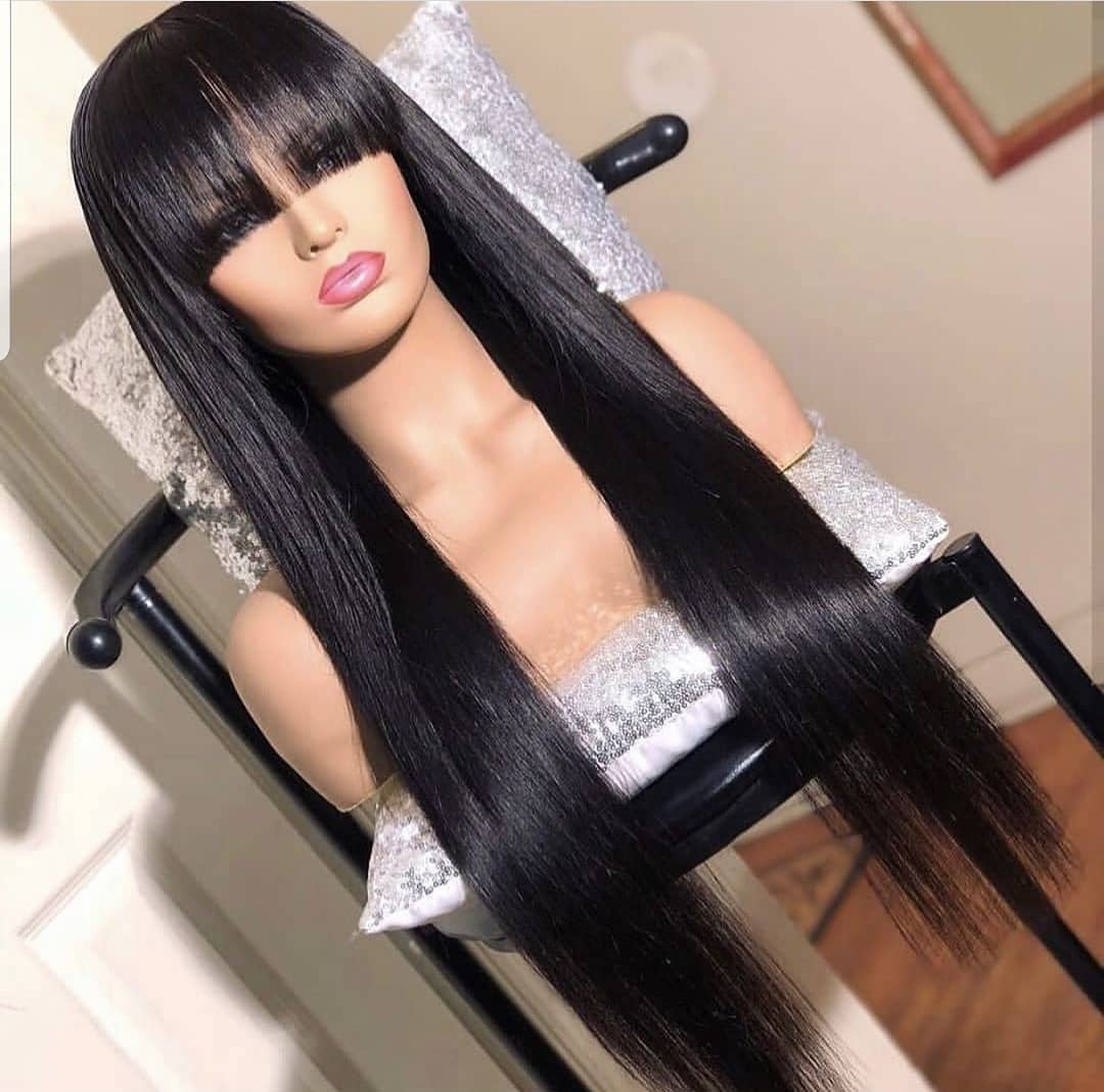 100% Human Hair Wig With Bangs For Black Women Cheap Brazilian Straight Black Long Fringe Wig - promboutiqueonline