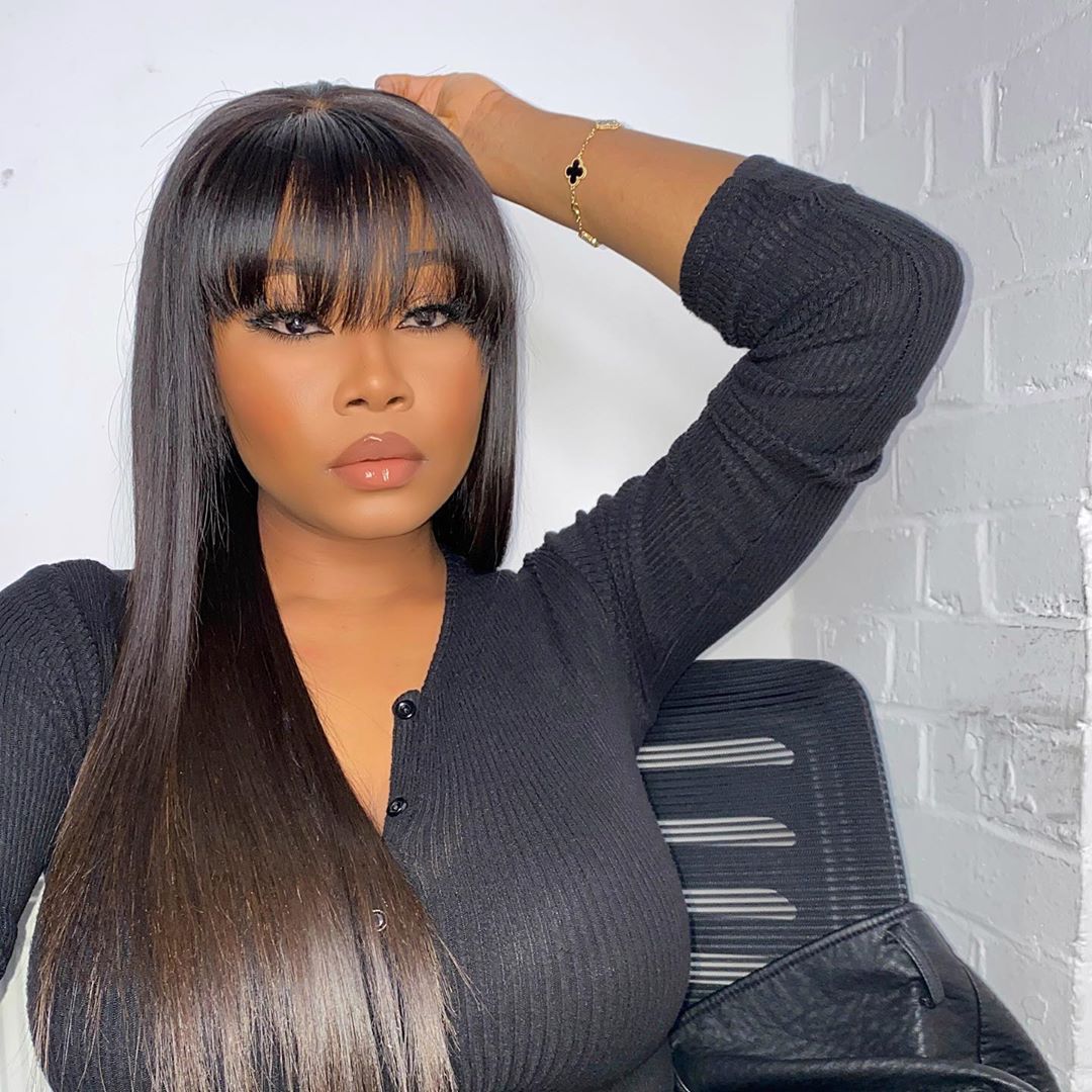 100% Human Hair Wig With Bangs For Black Women Cheap Brazilian Straight Black Long Fringe Wig - promboutiqueonline