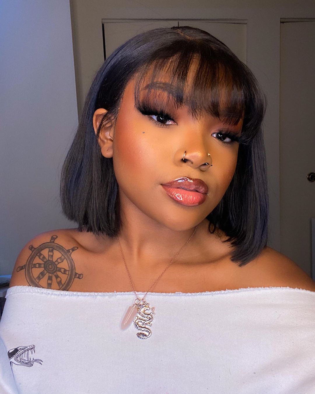 100% Human Hair Wig With Bangs For Black Women Cheap Brazilian Straight Black Long Fringe Wig - promboutiqueonline