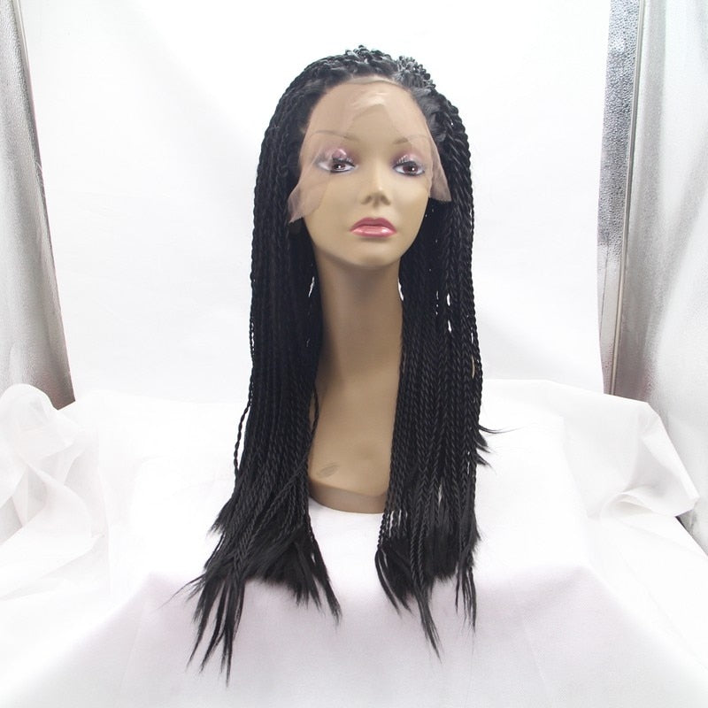 Long Black Braided Lace Front Wig For Black Women Full Senegalese Synthetic Twist Braided Lace Wigs - promboutiqueonline