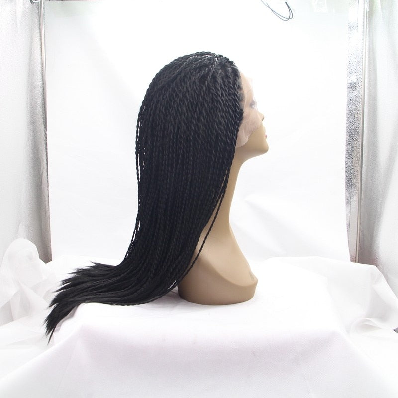 Long Black Braided Lace Front Wig For Black Women Full Senegalese Synthetic Twist Braided Lace Wigs - promboutiqueonline