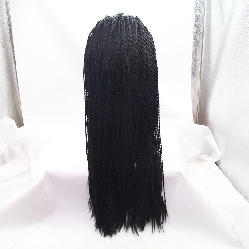 Long Black Braided Lace Front Wig For Black Women Full Senegalese Synthetic Twist Braided Lace Wigs - promboutiqueonline
