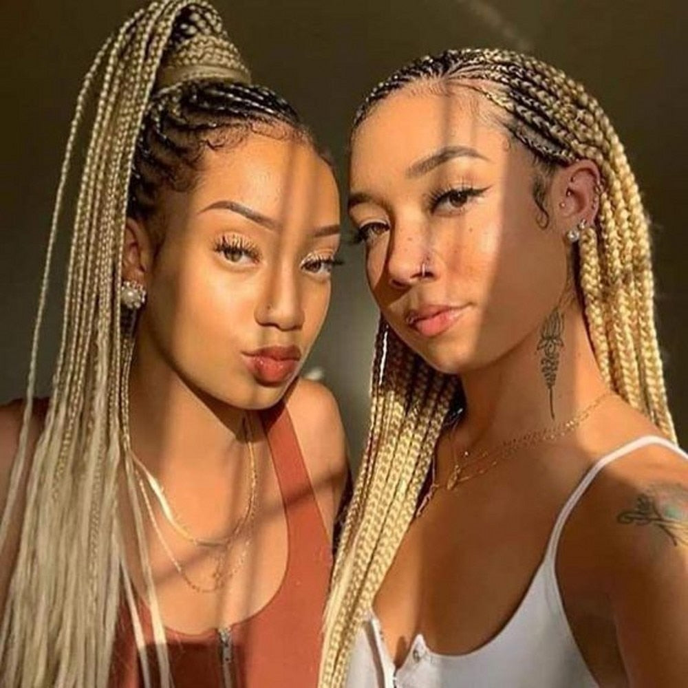 Long Ombre Blonde Braided Lace Wig Long Cornrow Braids Lace Wig  Box Braid  Lace Front Wig Synthetic Hair For Black Women - promboutiqueonline