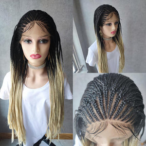 Long Ombre Blonde Braided Lace Wig Long Cornrow Braids Lace Wig  Box Braid  Lace Front Wig Synthetic Hair For Black Women